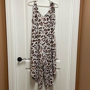 MSK Sz M Linen Blend Brown White Wide Angled Hem Leg Tie Up Jumpsuit Pockets!